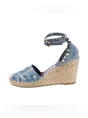 Valentino Denim Blue Espadrille Wedge Sandals with Ankle Stud Strap